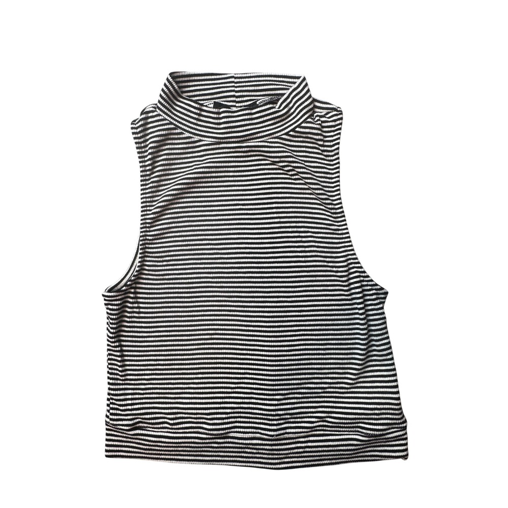 Forever 21 Tank Top Kids L Black White Striped Mock Neck Ribbed Knit Sleeveless
